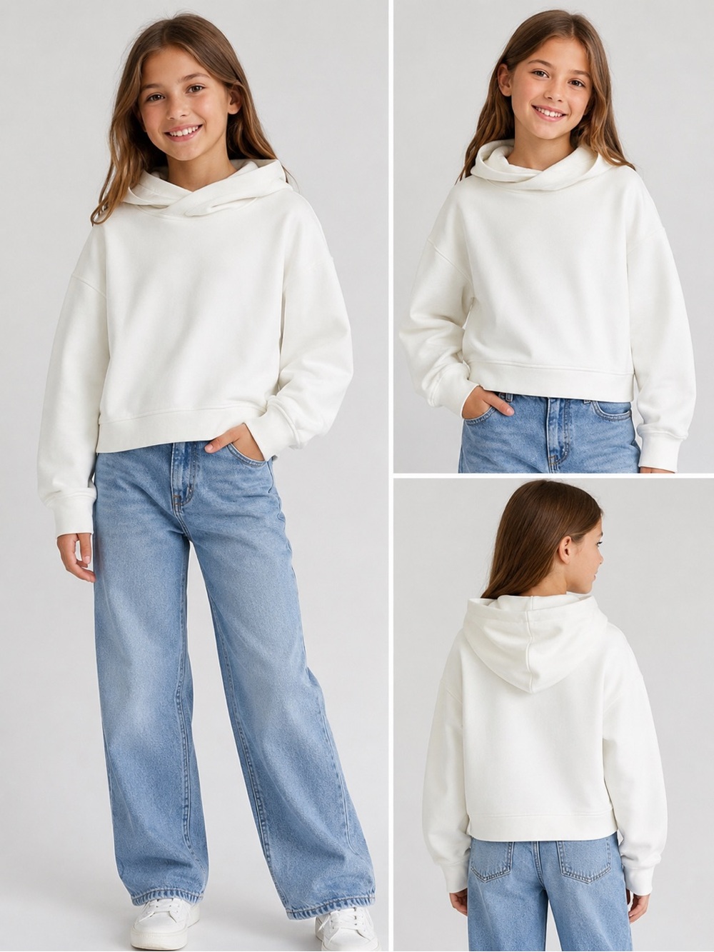 Zara White Cowl Neck Cotton Cropped Hoodie Girl 9/10